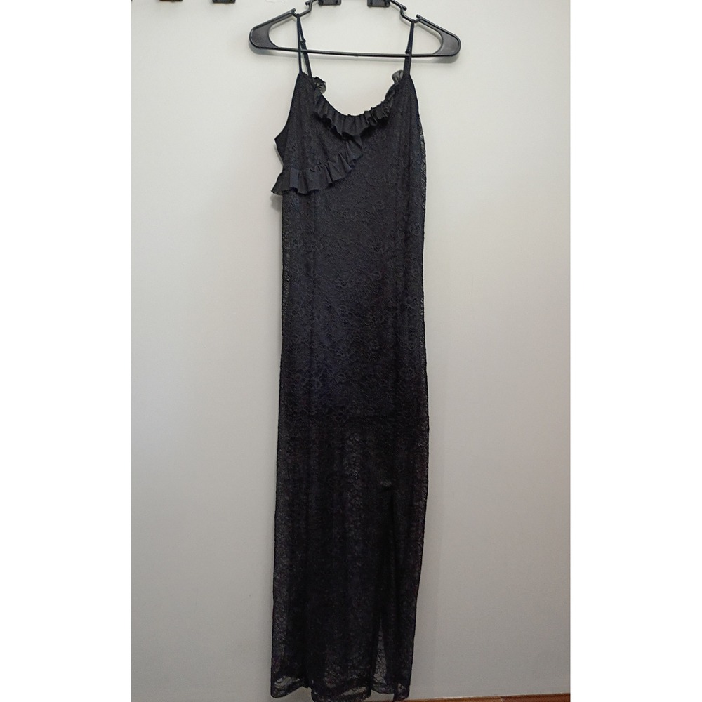 No Comment Black Lace Maxi Dress Ruffle Neck Romantic Goth Side Slit Large